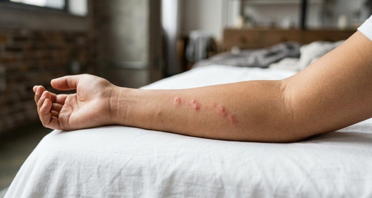 Antebrazo con ronchas rojas de picaduras de chinche alineadas en fila