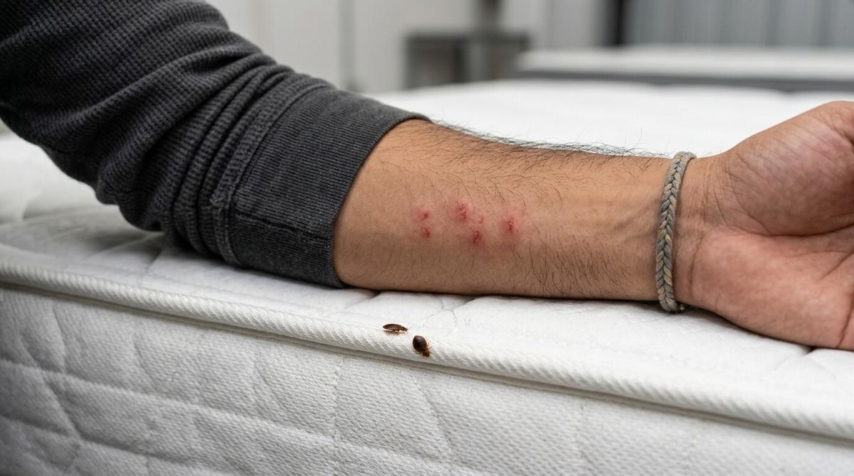 Picaduras de chinche de cama en patrón lineal sobre un antebrazo, junto a la costura de un colchón con chinches