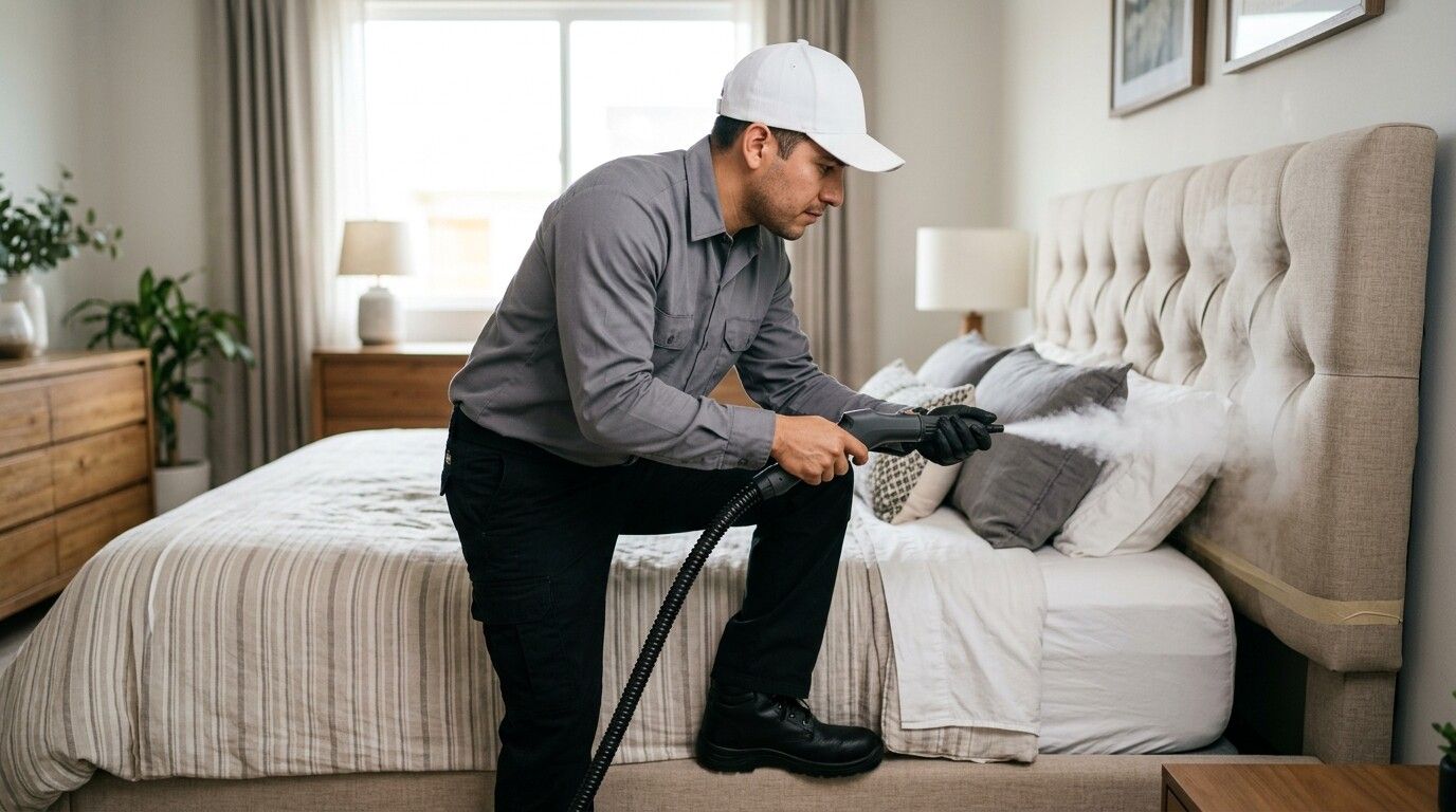 Technician applying steam treatment for bed bugs on a bed headboard and mattress