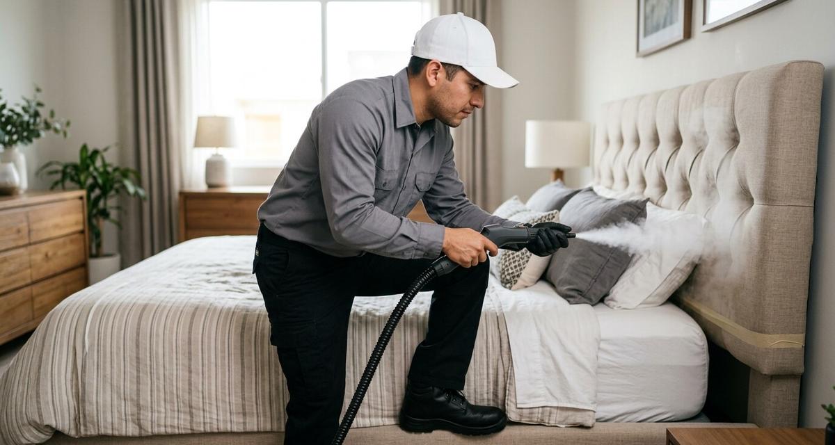 Technician applying steam treatment for bed bugs on a bed headboard and mattress