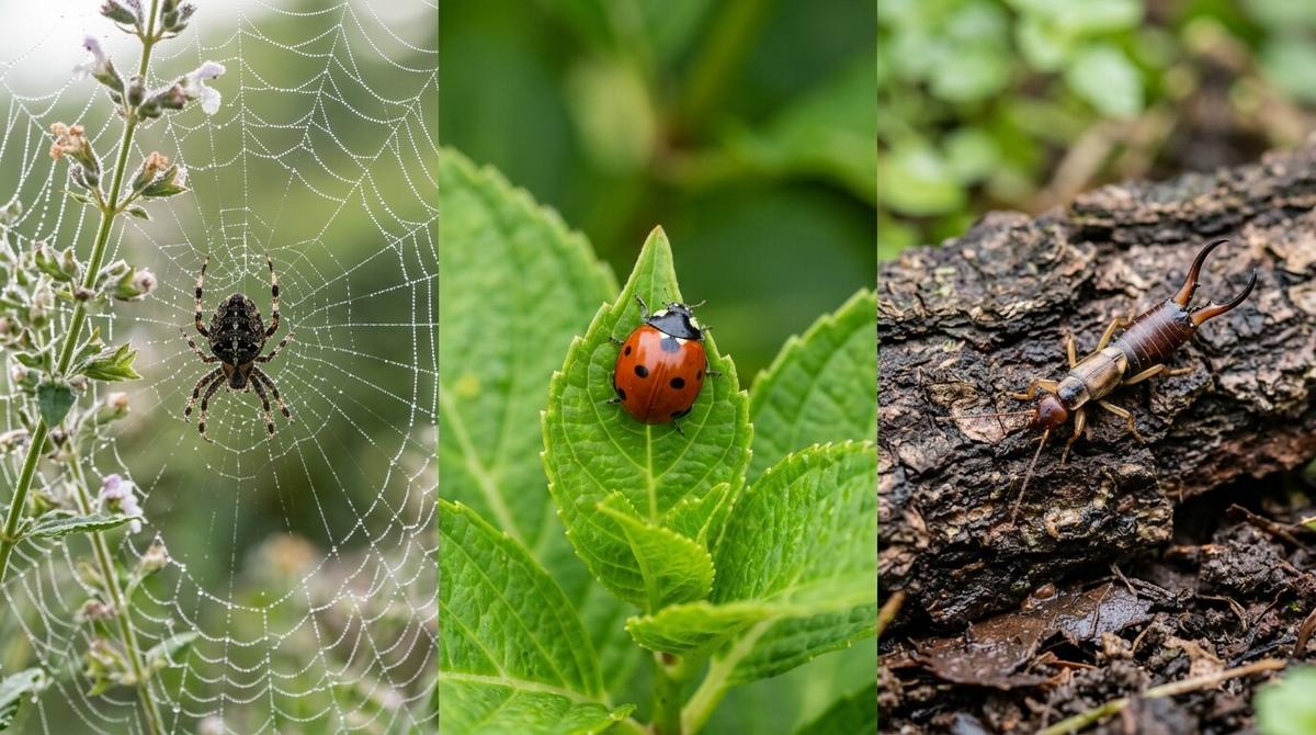 Spider in a web, a ladybug on a plant leaf, and an earwig on soil, representing beneficial household pest controllers