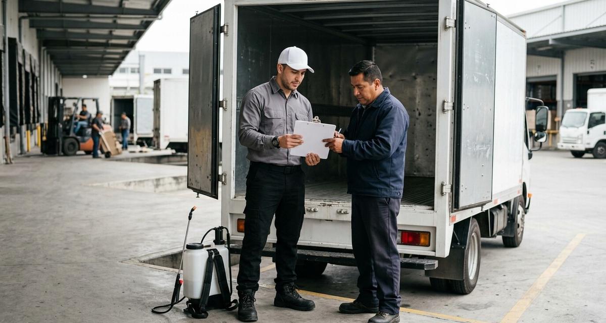 Technician reviewing fumigation paperwork with the driver next to a cargo truck with its doors open