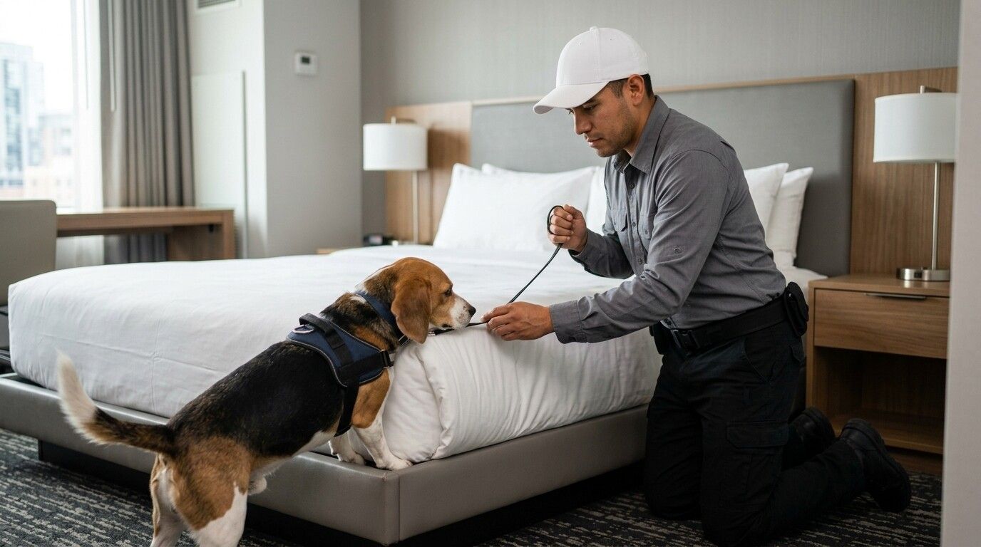 Perro detector de chinches trabajando con su manejador en una habitación