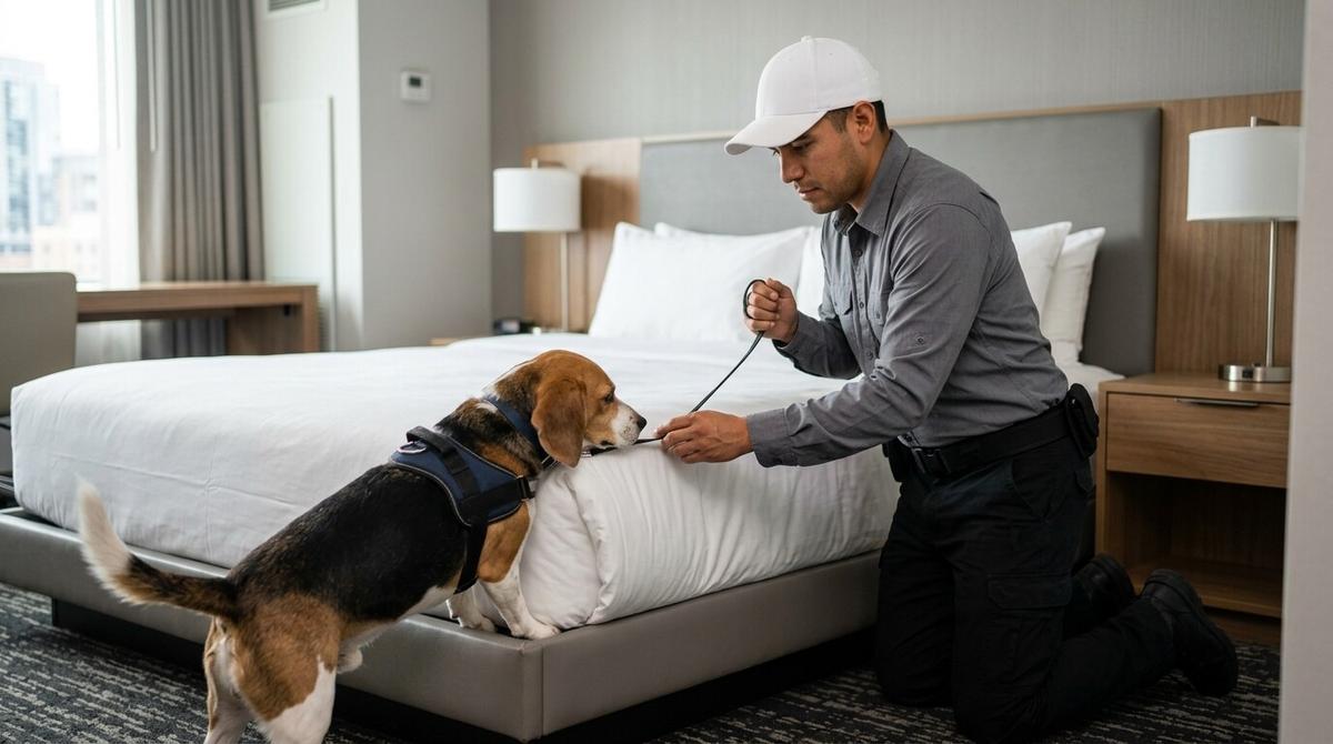 Perro detector de chinches trabajando con su manejador en una habitación
