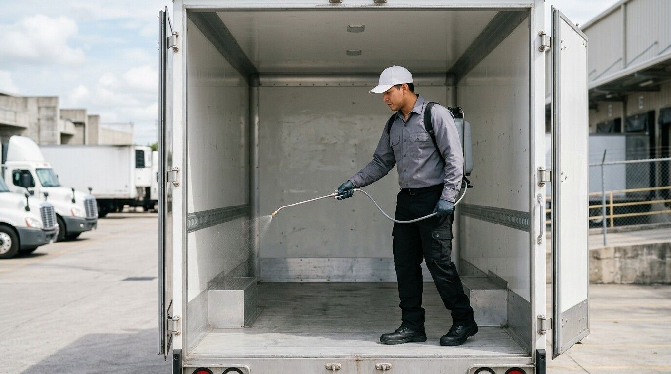Technician fumigating the interior of a cargo truck for pest control
