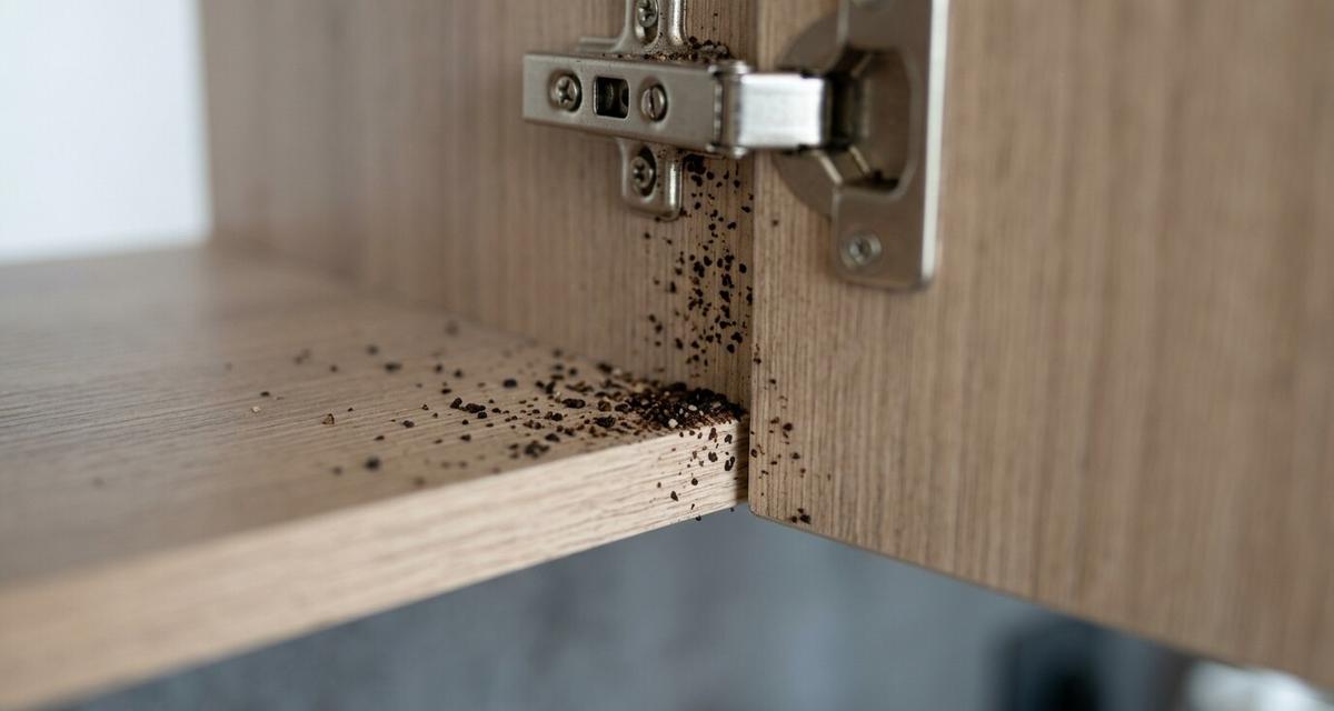 Excremento de cucaracha, similar a granos de café molido, en la esquina de un gabinete de cocina
