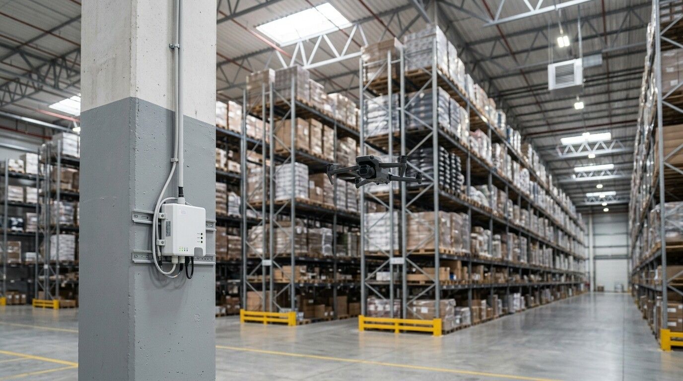 Dron inspeccionando los racks de una nave industrial con un sensor IoT instalado en una columna