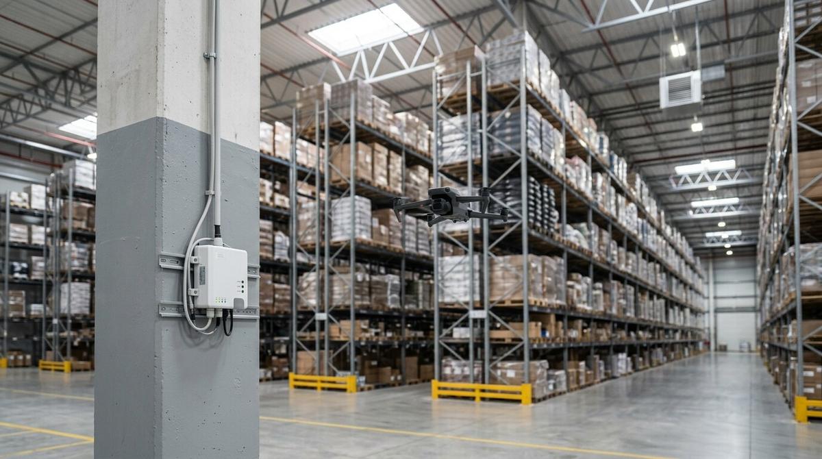 Dron inspeccionando los racks de una nave industrial con un sensor IoT instalado en una columna