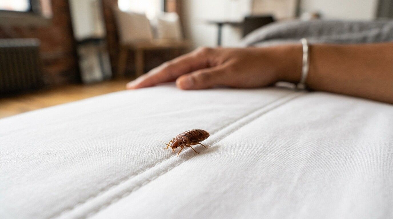 Bed bug on the seam of a white mattress with an arm in the background