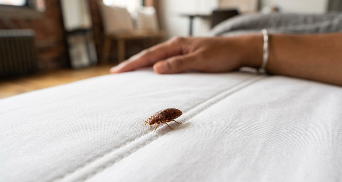 Bed bug on the seam of a white mattress with an arm in the background