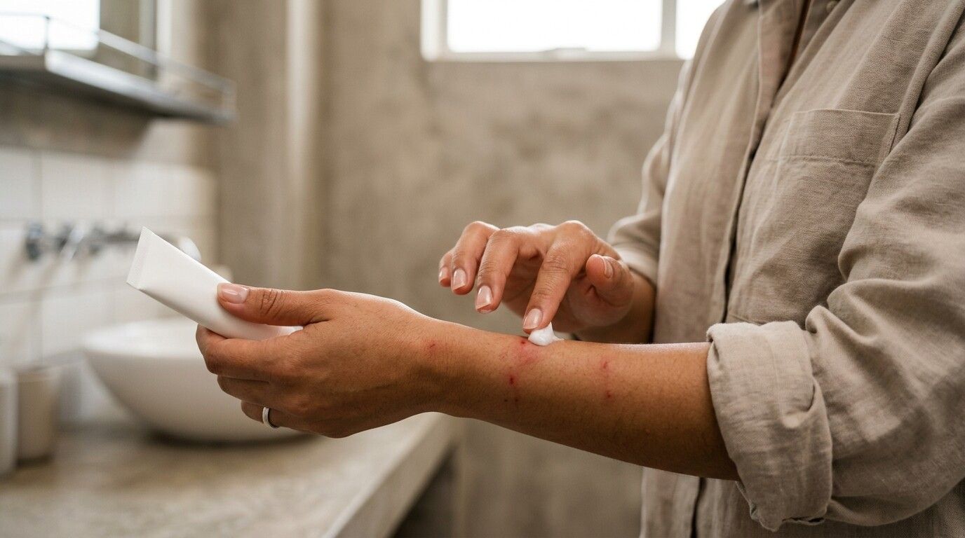 Persona aplicando crema calmante sobre picaduras de chinche en el antebrazo