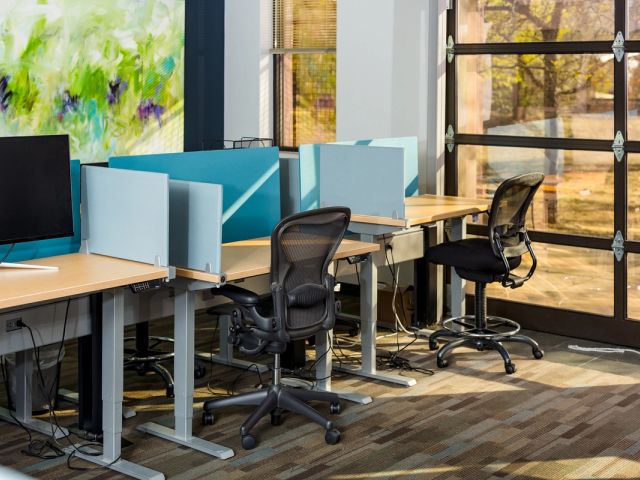 Coworking hot desks with natural light and ergonomic chairs at Black Lab Sports, Boulder, CO