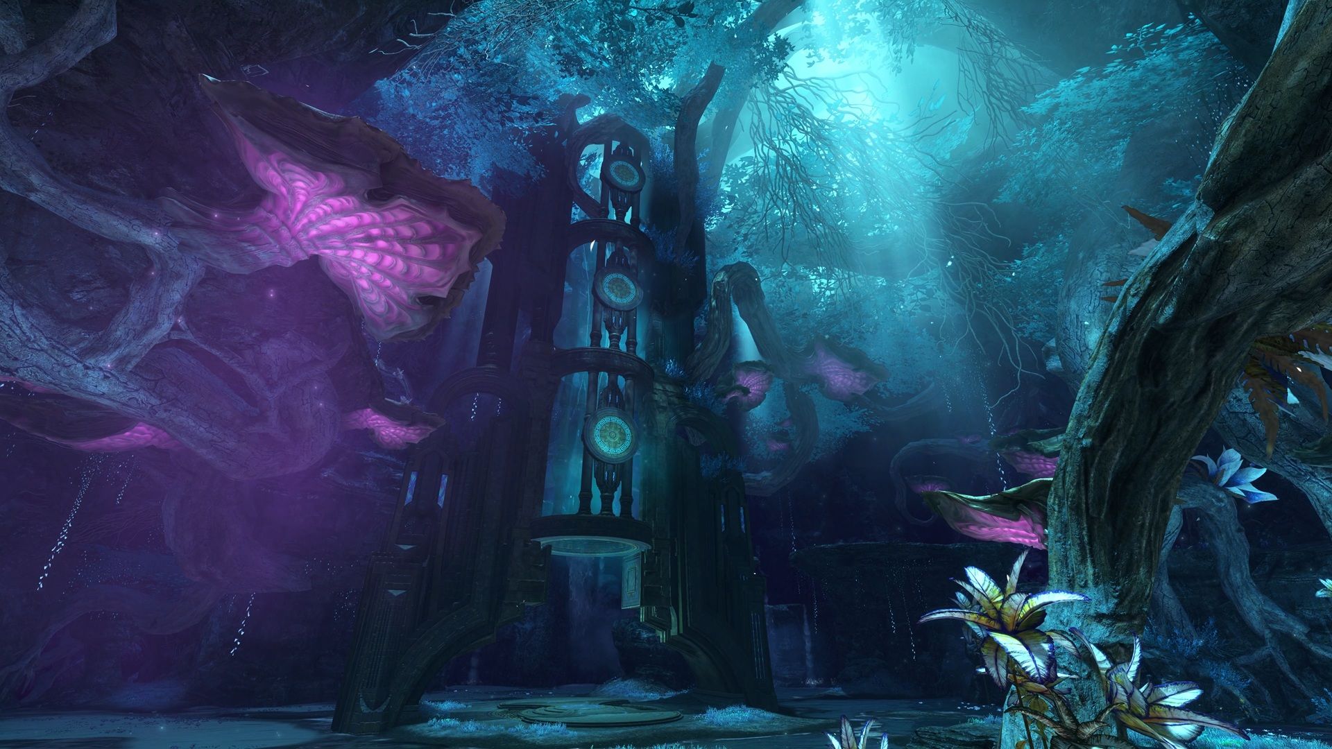 Purple vegetation and tall structures fill the blue-lit caverns of Leyspring Hollows.