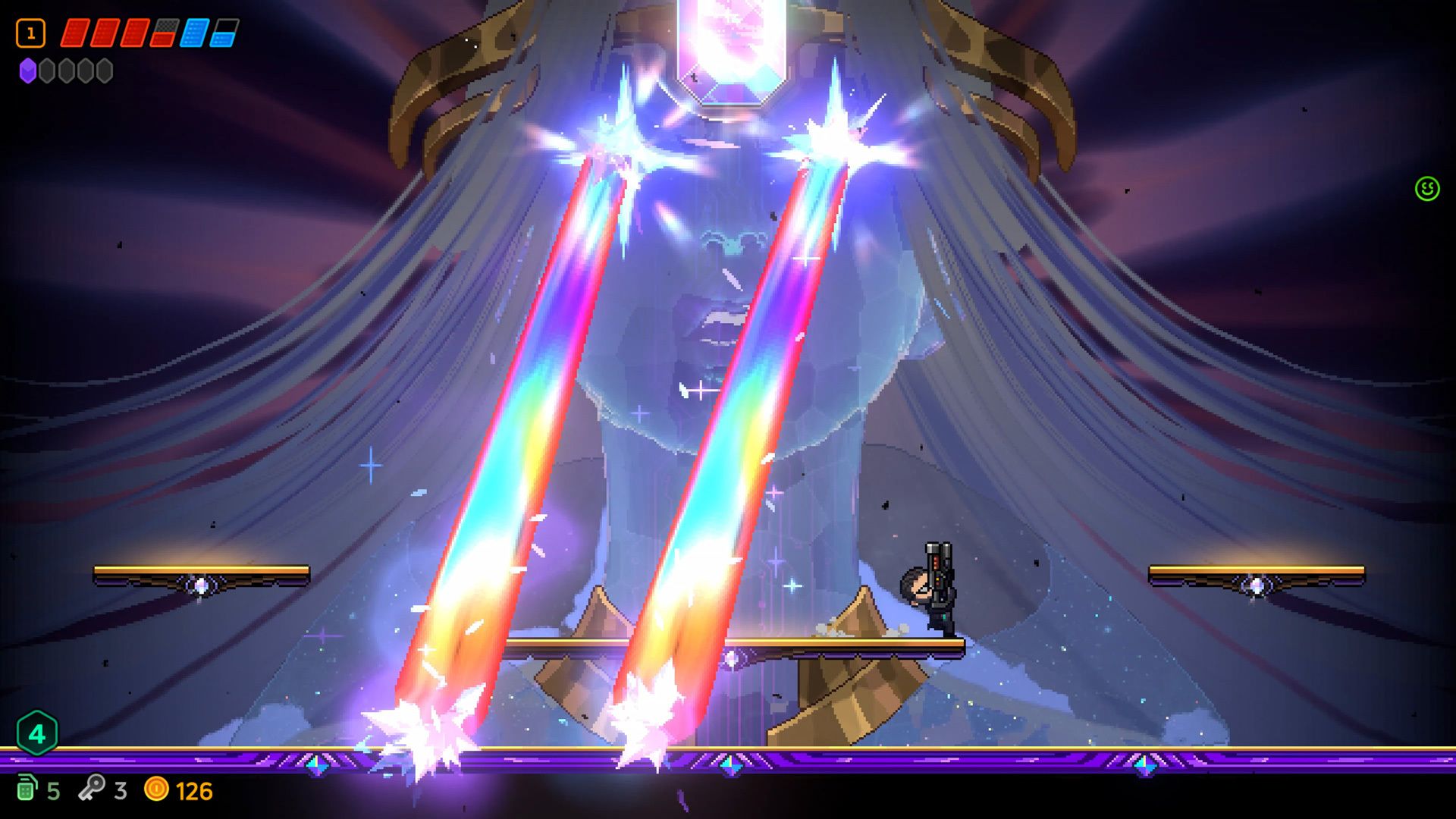 A Neon Abyss 2 Agent dodges Theia's rainbow beams on floating platforms.