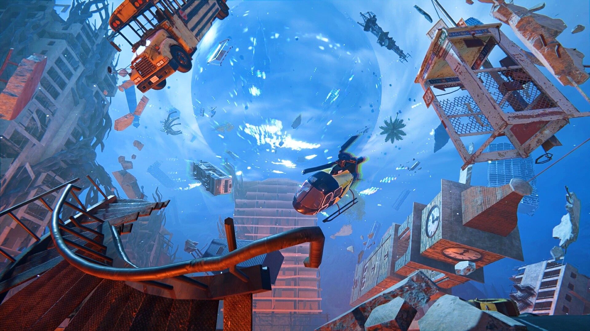 A helicopter and floating buildings beneath a blue anomaly in official Once Human imagery.