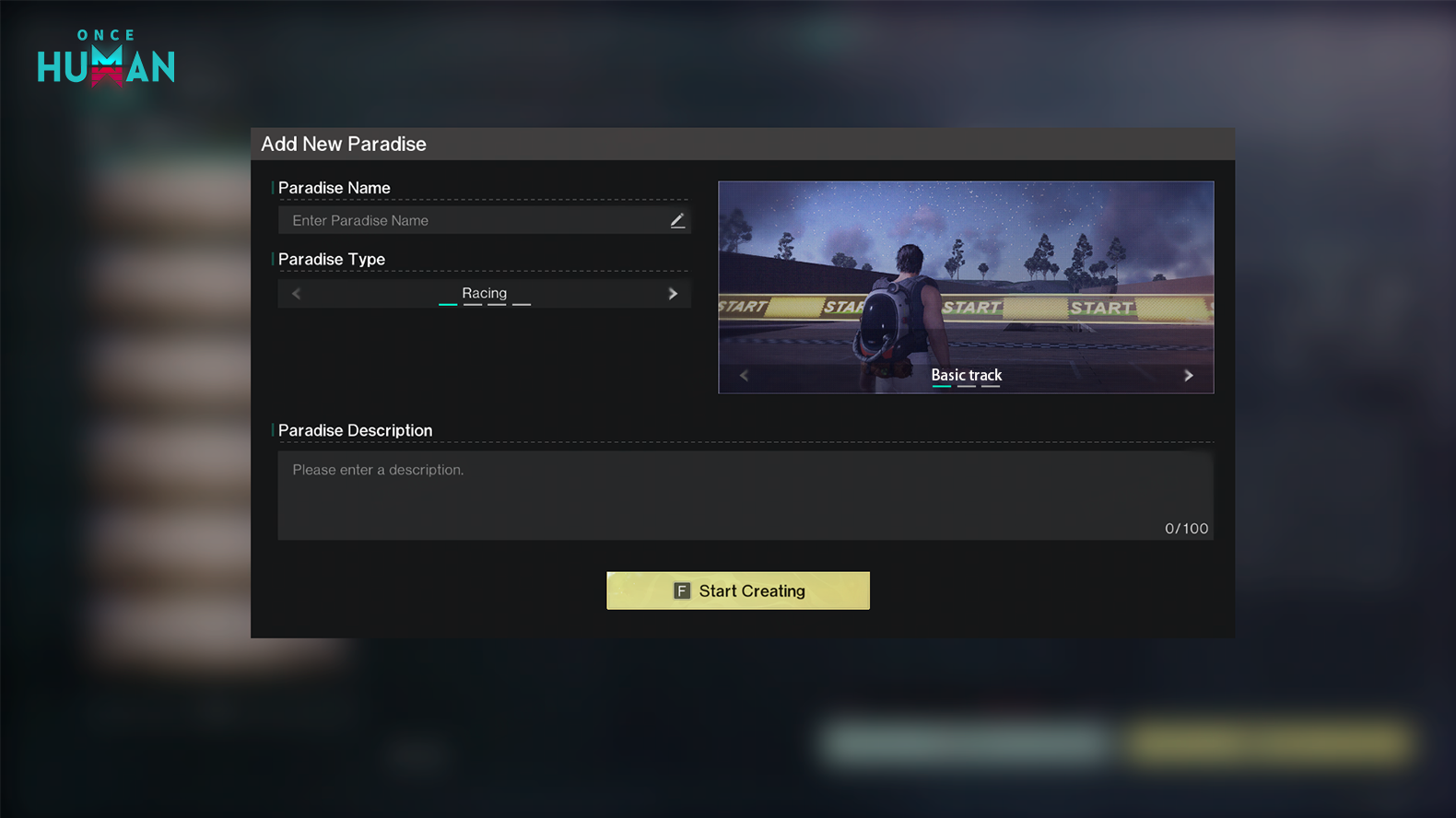 Official Once Human screenshot showing the Island Paradise creation menu in Eternaland.
