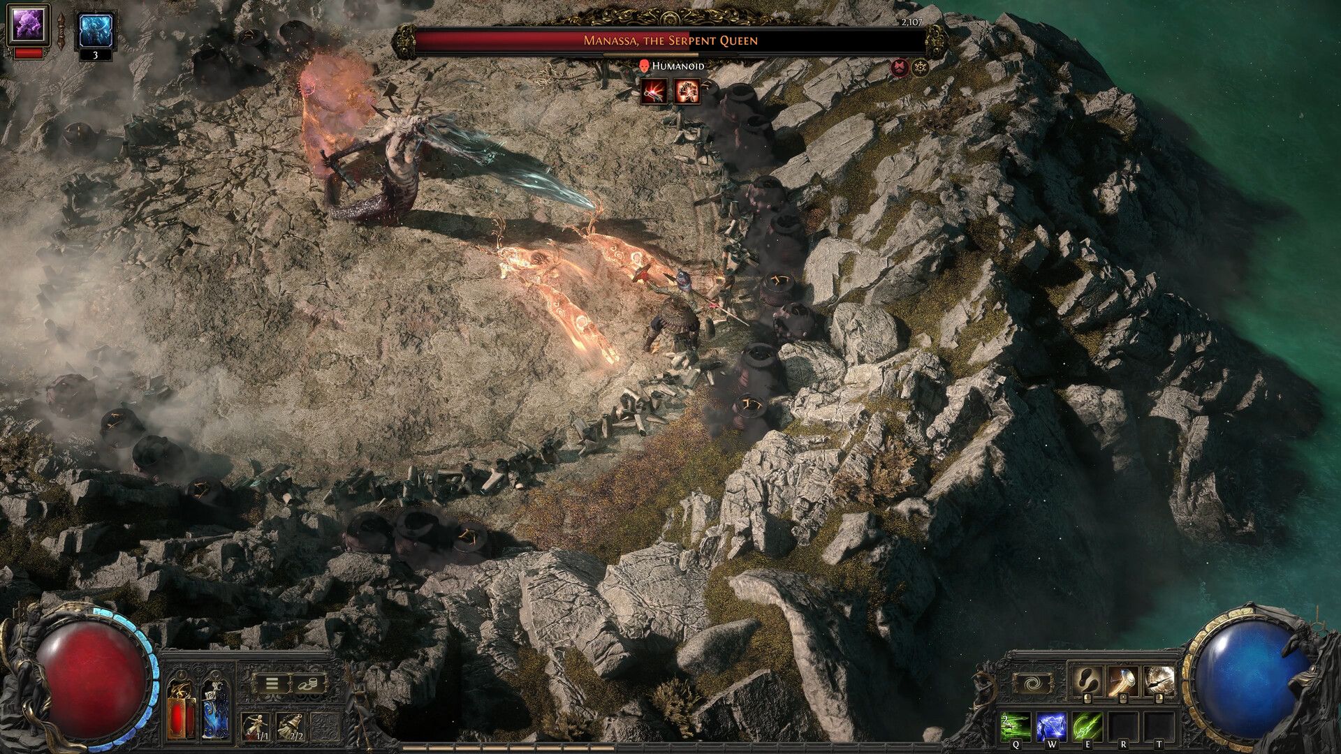 A player fights a large enemy beside a cliff in Path of Exile 2