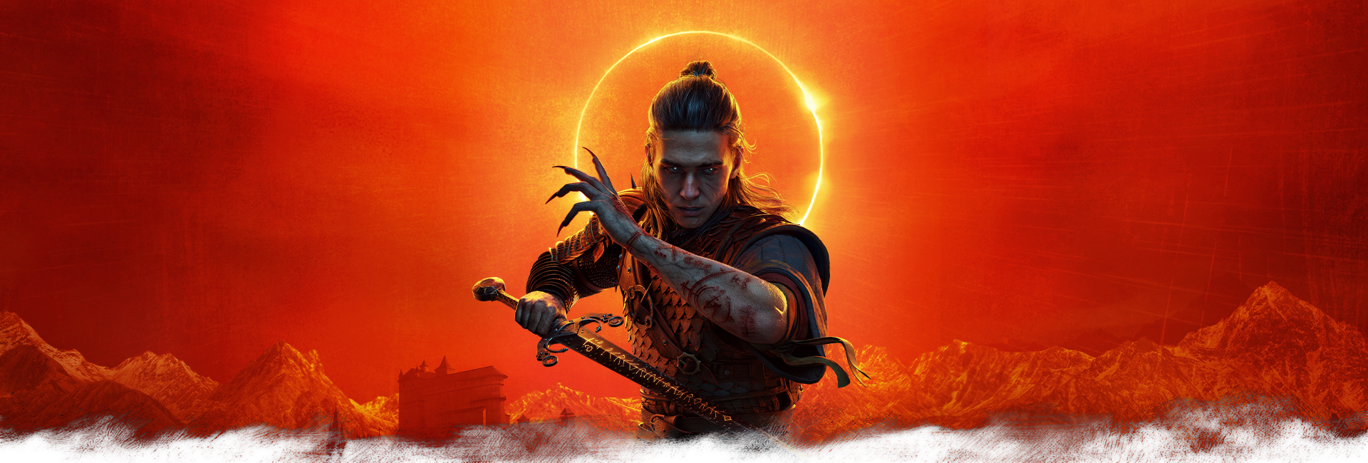 Coen holds a sword and raises his clawed hand beneath an eclipse
