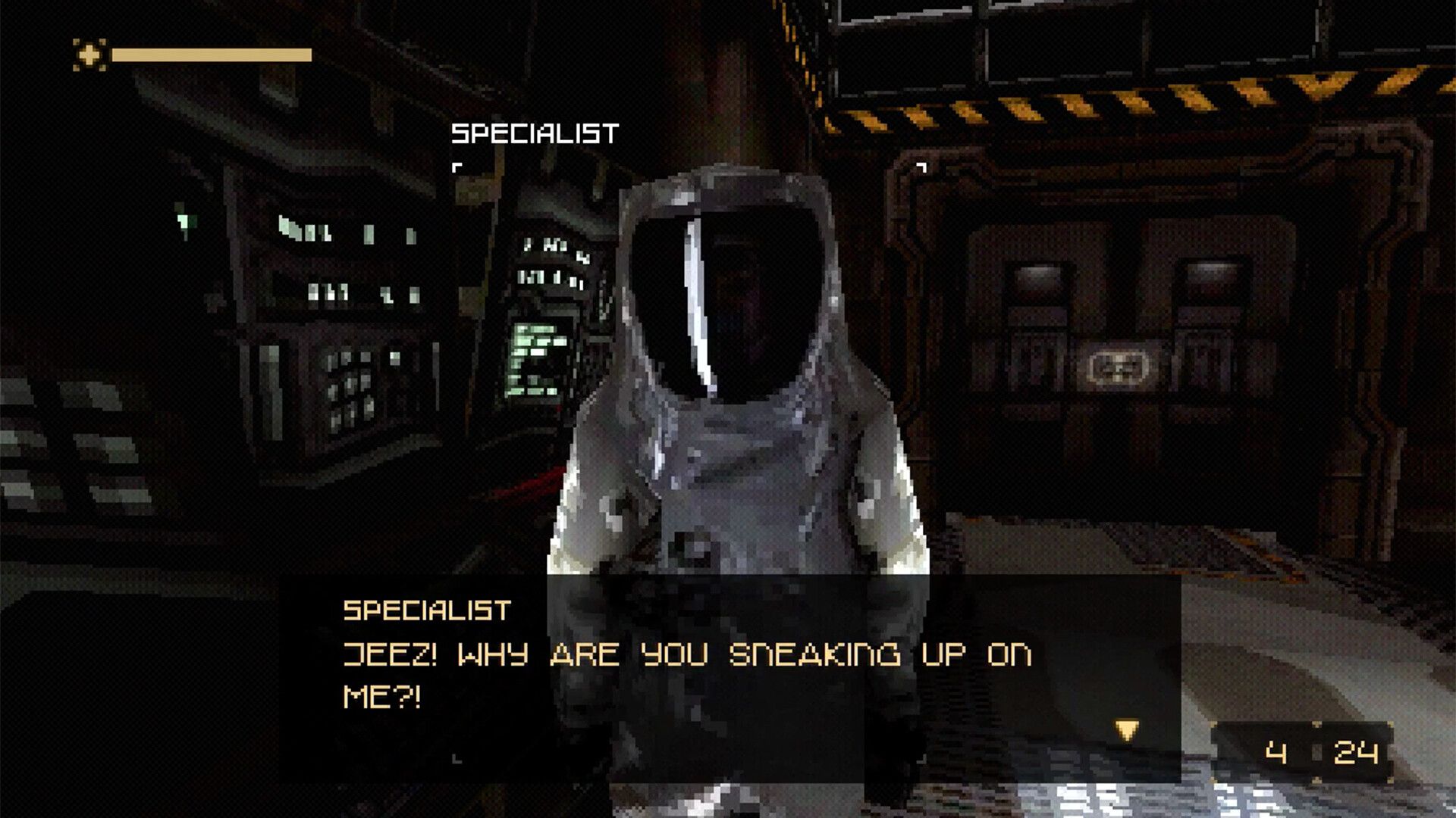 A dialogue encounter in DERELIKT's official Steam screenshot.