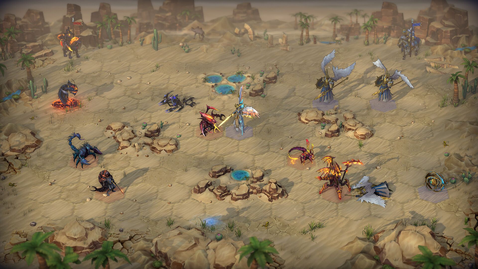Flying and ground creatures fight on a desert battlefield in Olden Era.
