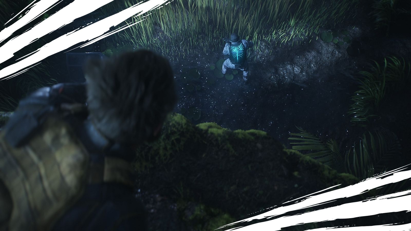 Logan watches an enemy highlighted in blue during a stealth encounter