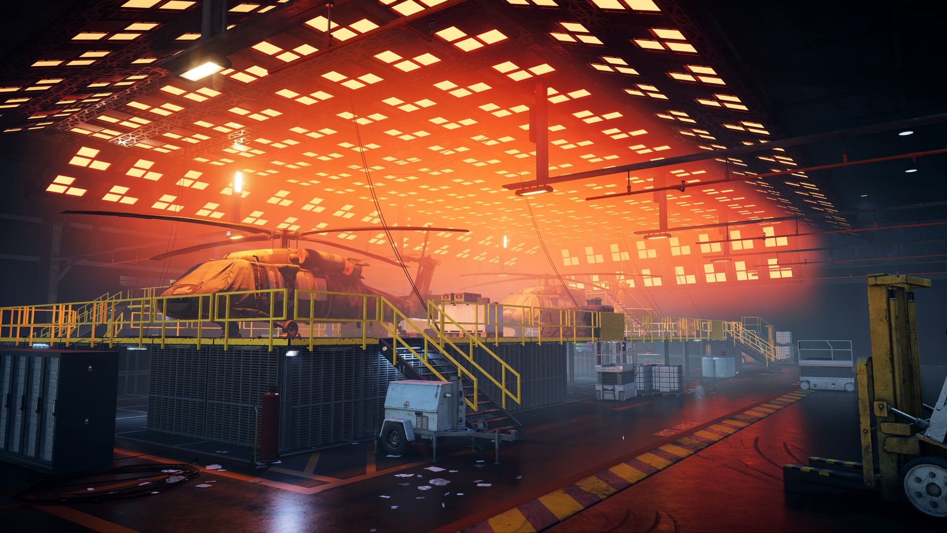 Helicopters on raised platforms inside an Area 51 hangar