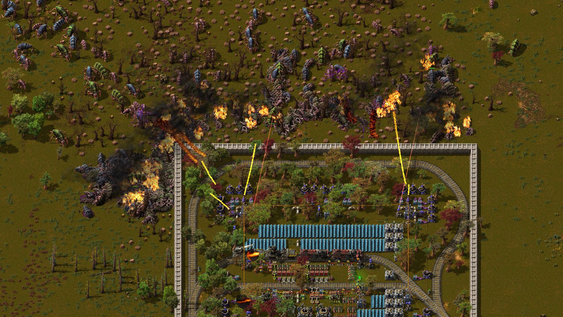 Official Factorio screenshot showing turrets defending a walled factory against enemies.