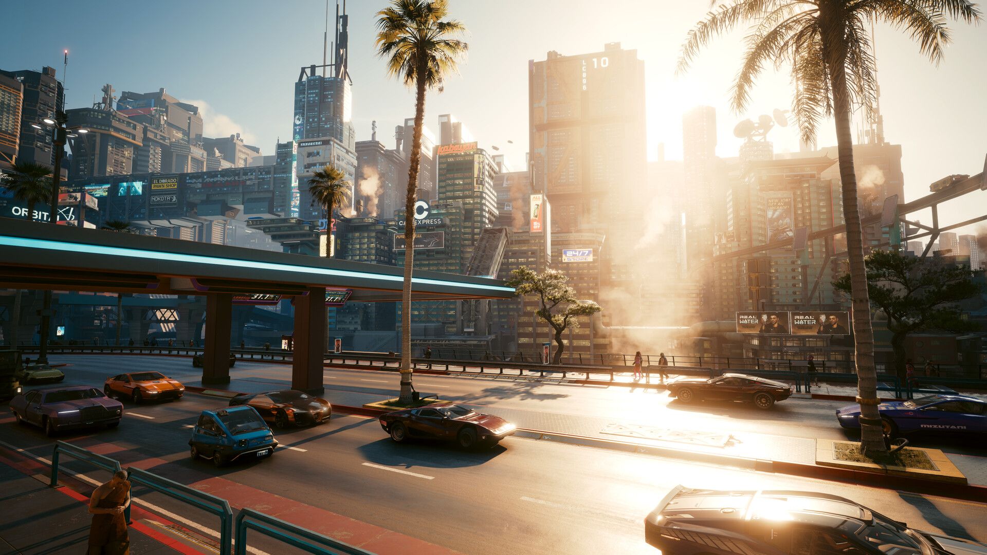 Cars travel along a sunlit Night City road beneath palm trees and elevated highways.