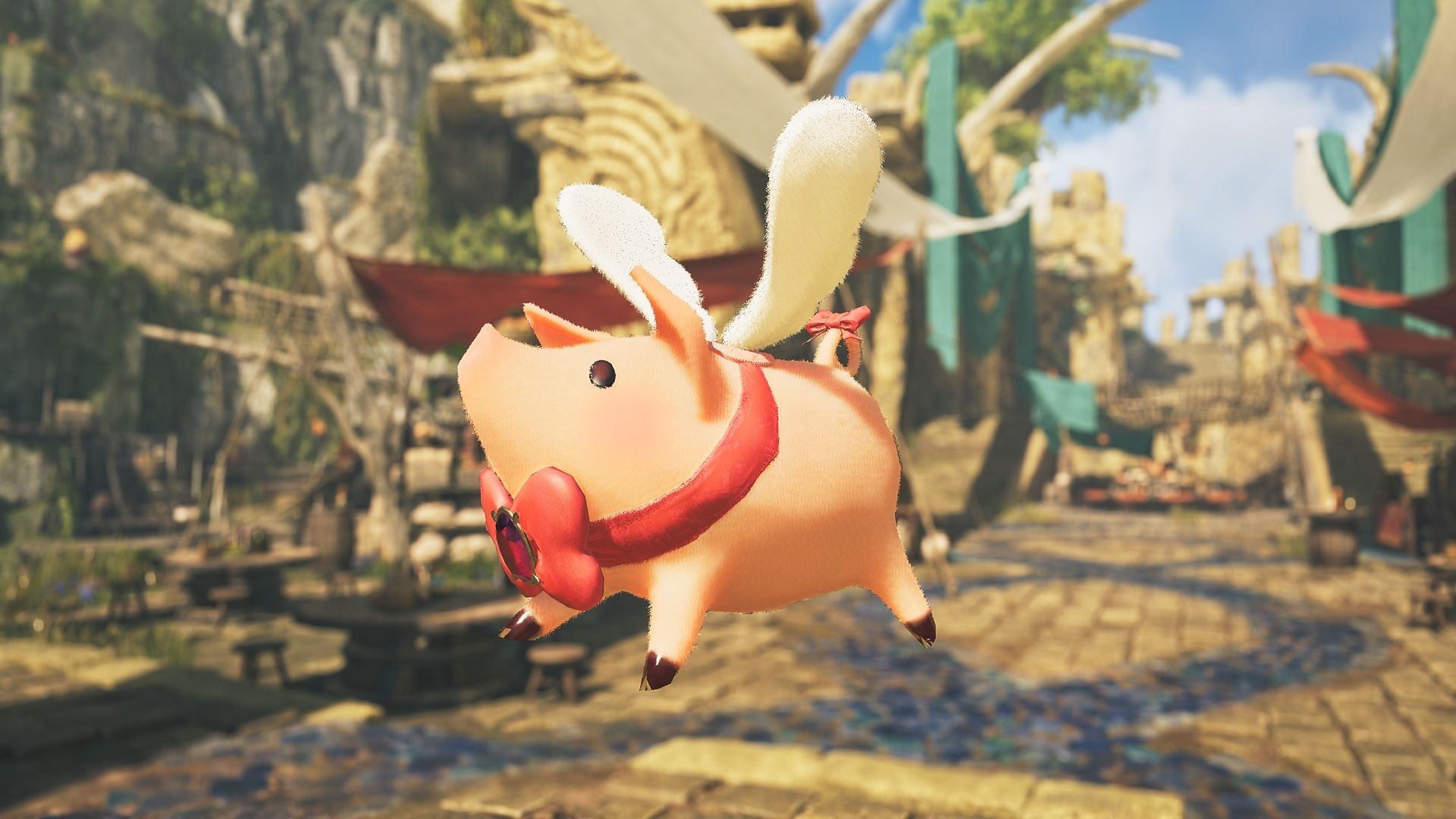 The Heavenly Hog pendant, a pink pig charm with white wings and a red ribbon