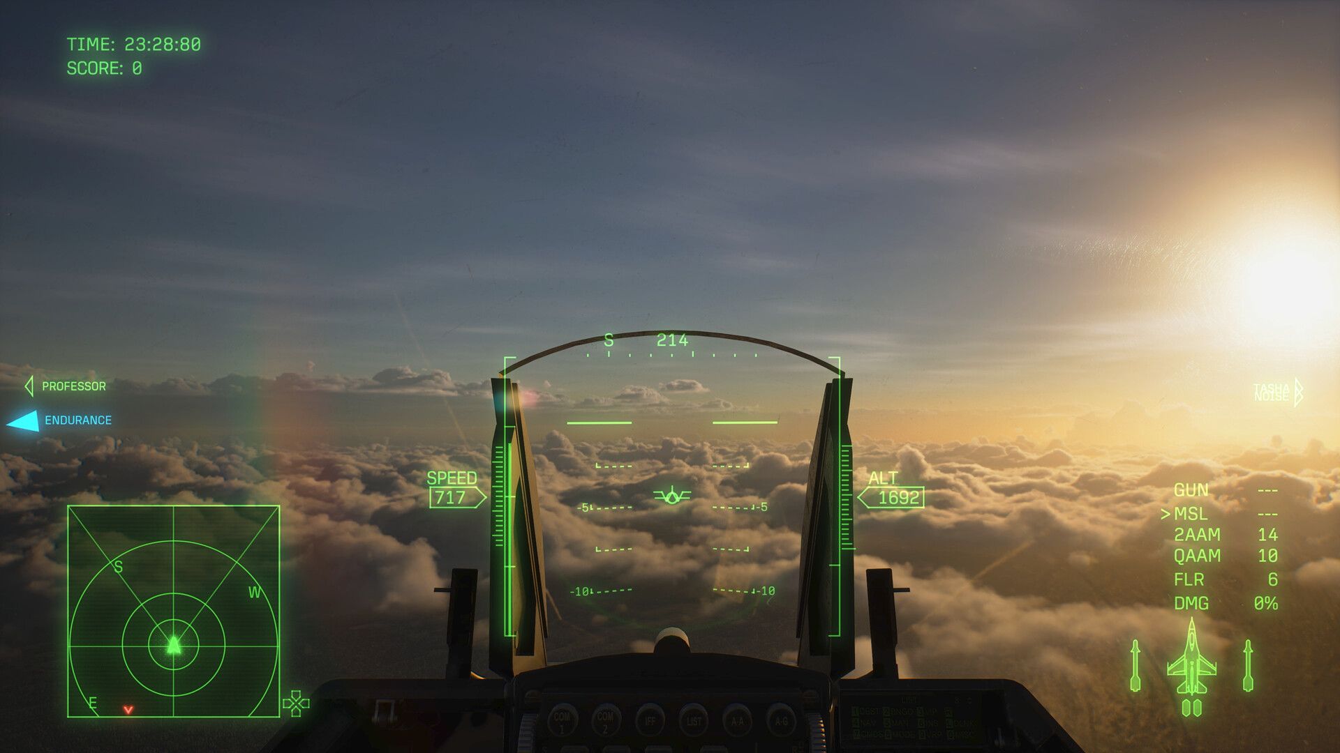 Cockpit view over a sunset cloud layer