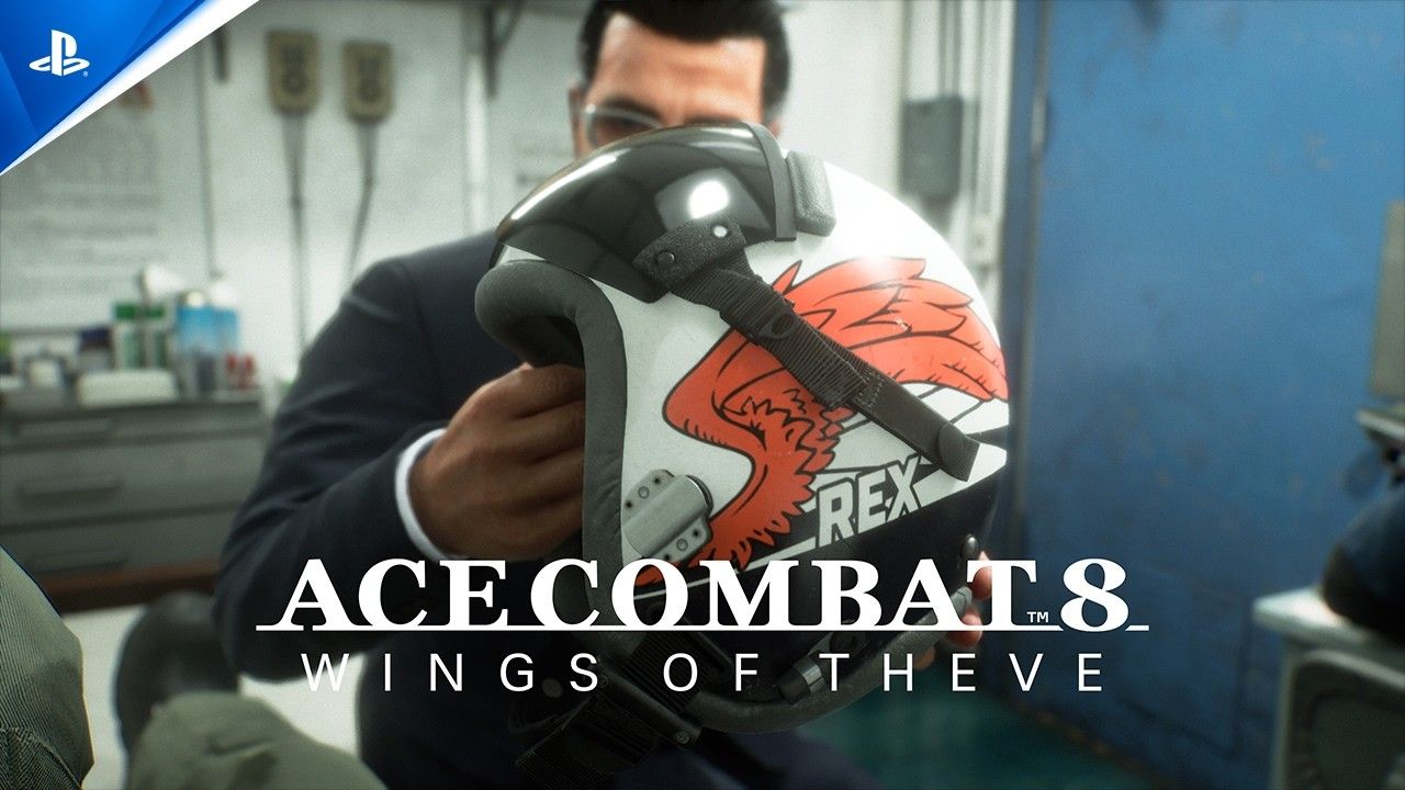 Ace Combat 8 aircraft flying in front of the Wings of Theve story trailer title card.