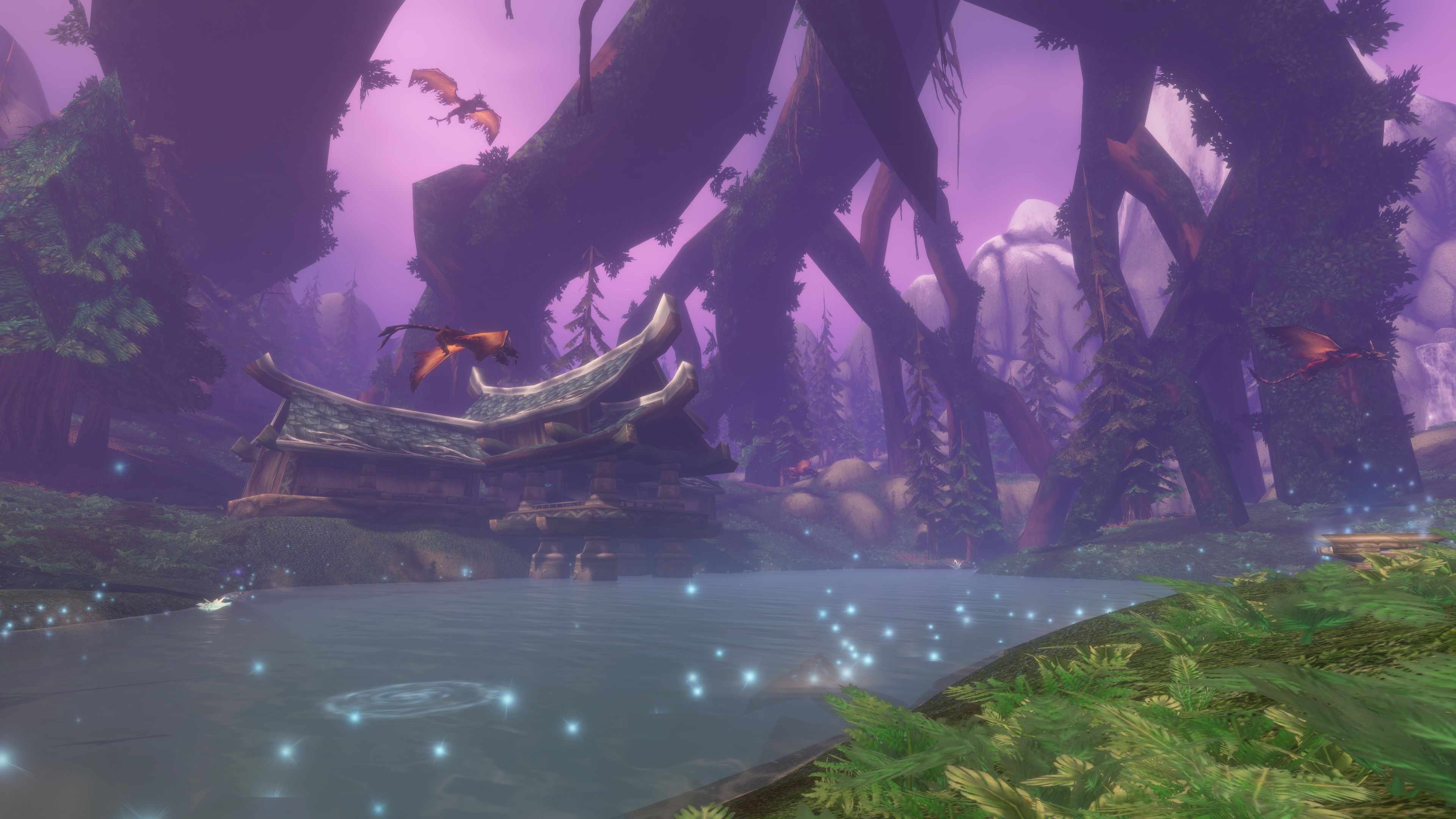 A wooded World of Warcraft Forever landscape with large trees, a stream and a stone structure.