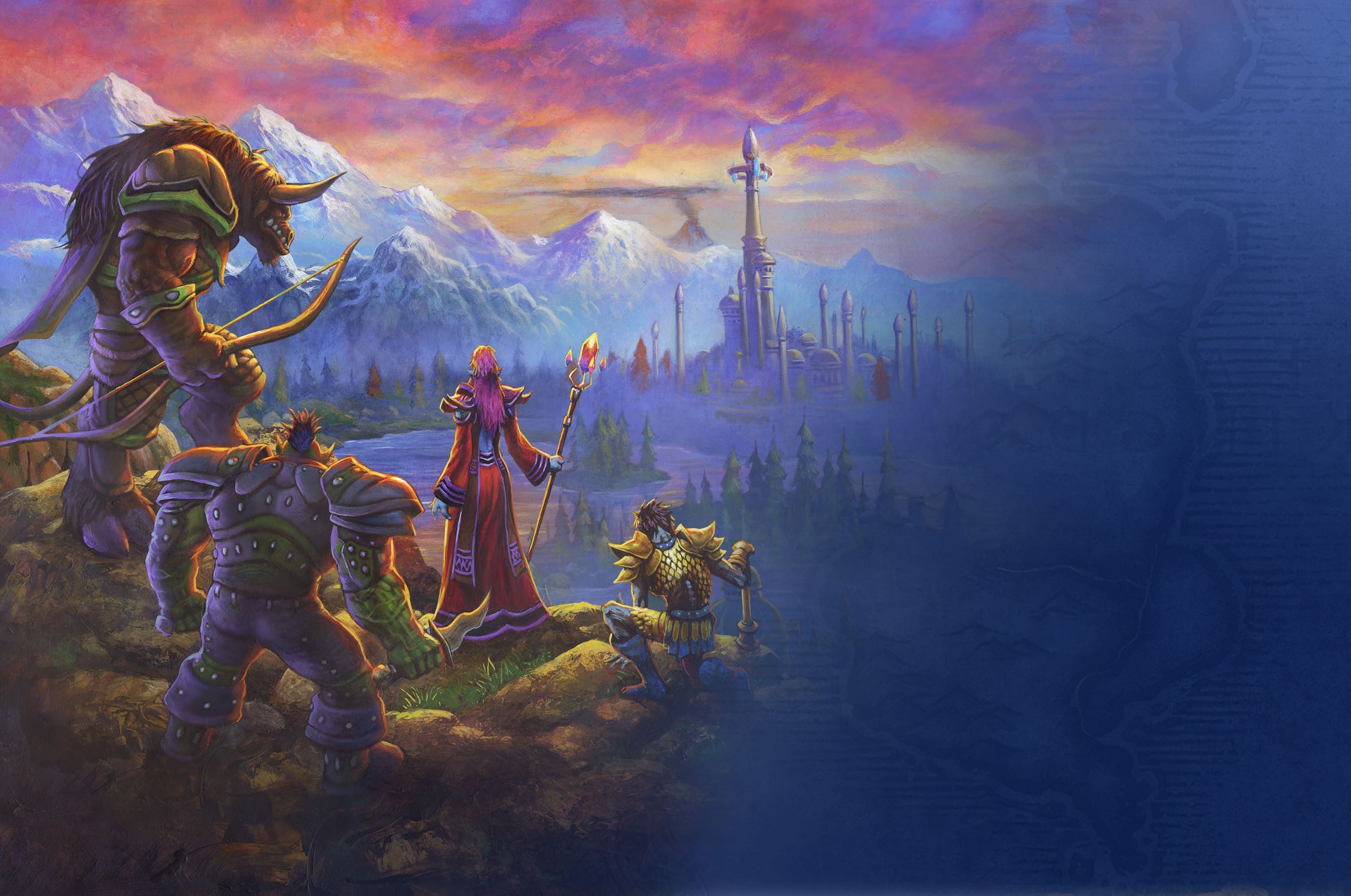 A party of Warcraft adventurers looks across a mountain valley toward a distant city.
