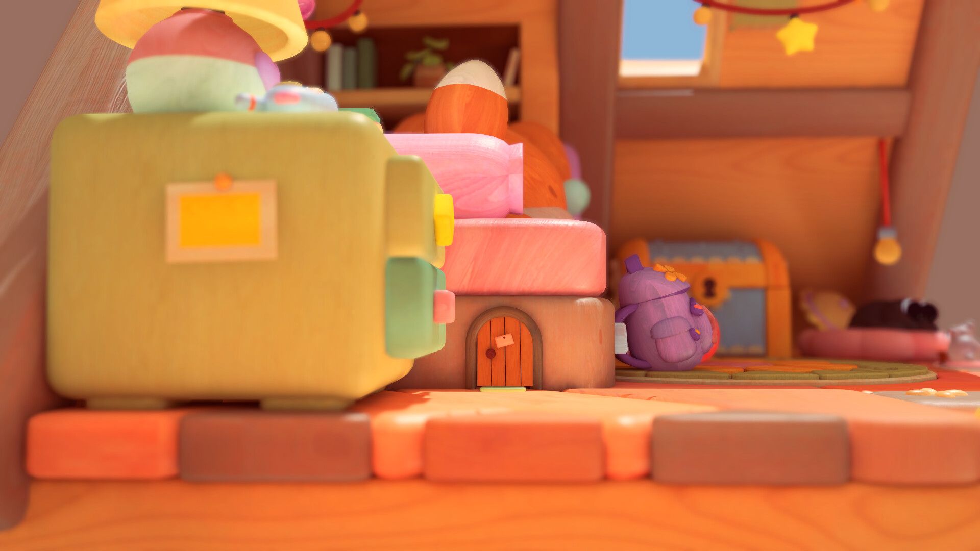A wooden backpack and household objects inside a colorful Woodo diorama.