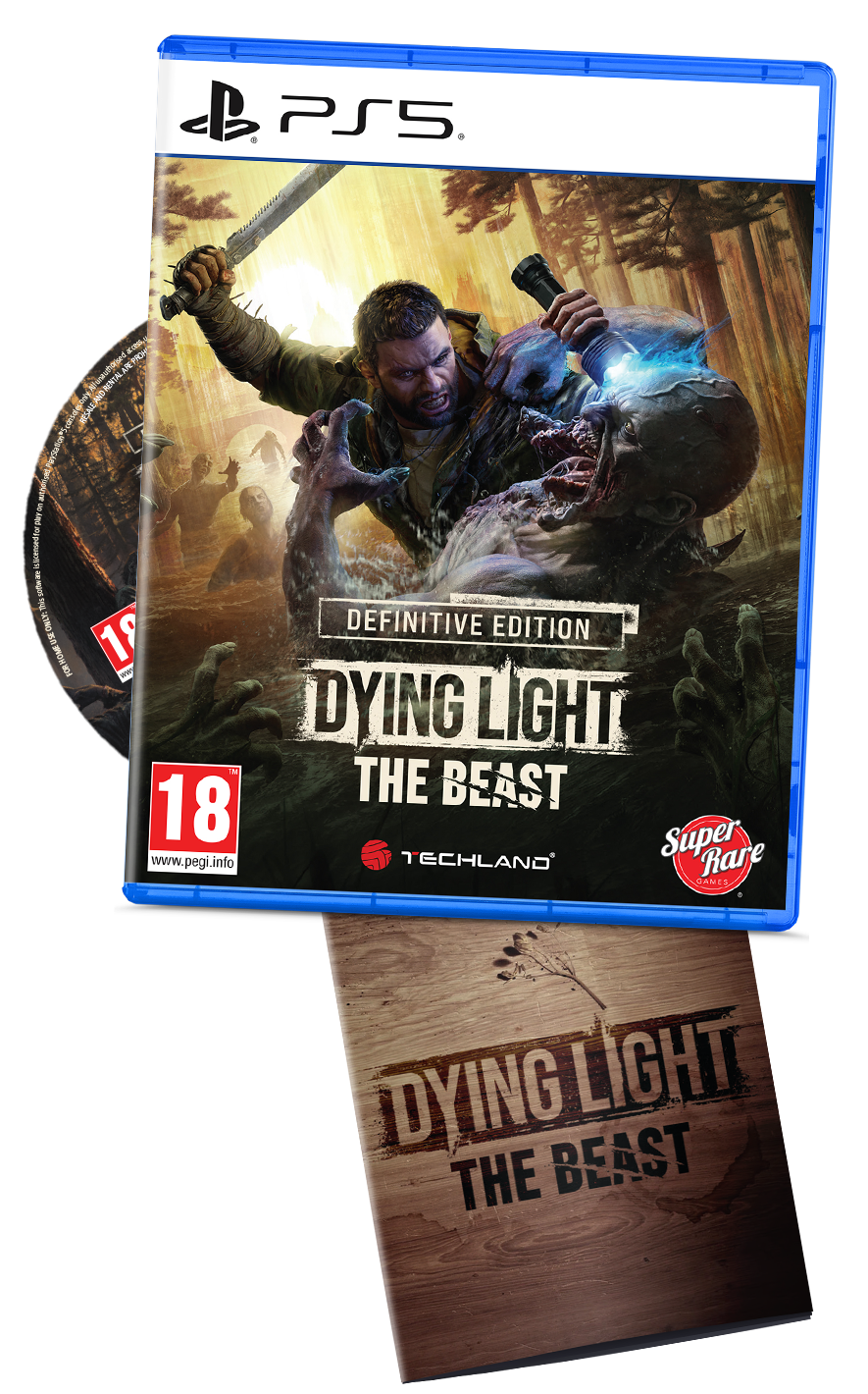 Official product render showing the PS5 Retail Edition case, disc and manual for Dying Light: The Beast.