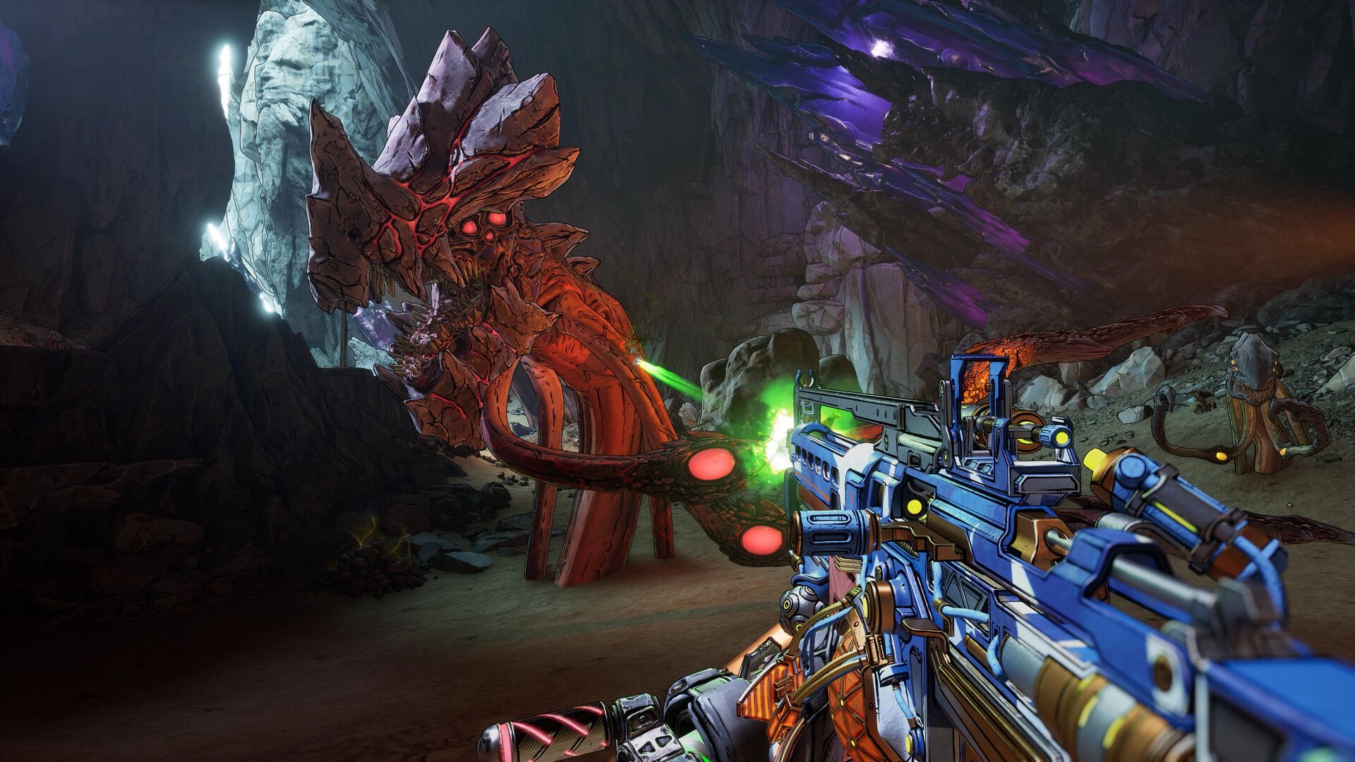 A first-person weapon faces a large red creature in a rocky Borderlands 4 area