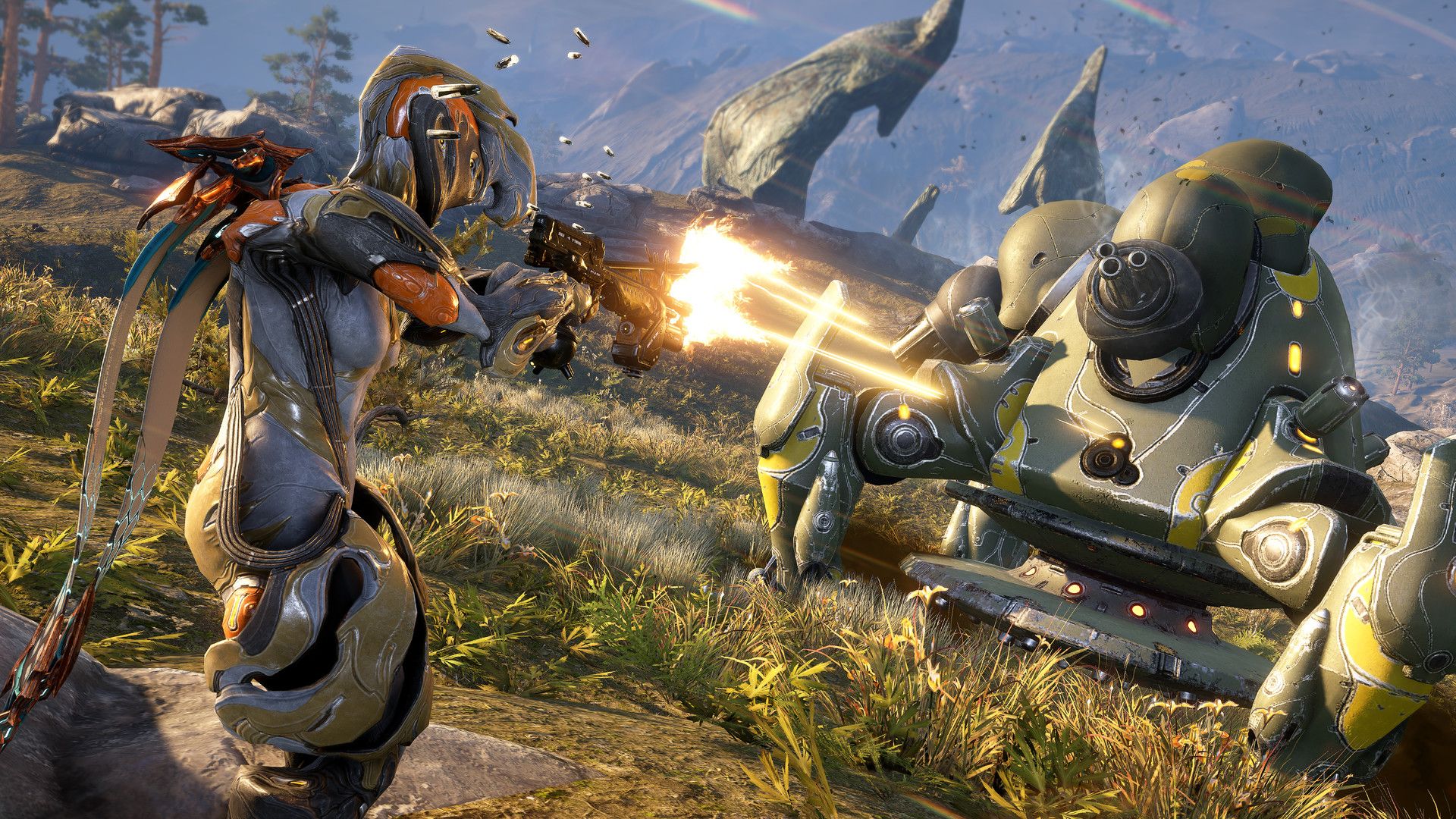 A Warframe fires at a robot outdoors