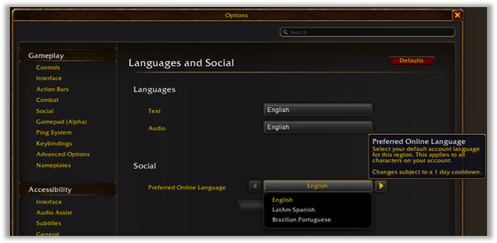 World of Warcraft: Forever Languages and Social settings showing Preferred Online Language.