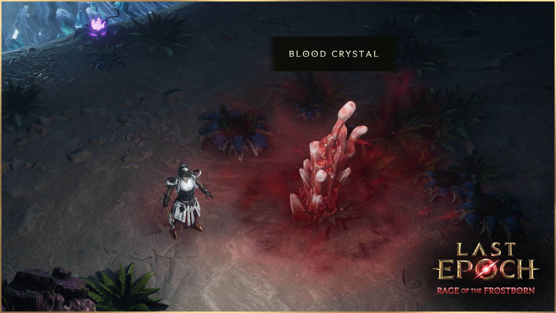 A Last Epoch character stands beside a red Blood Crystal in the Season 5 reveal