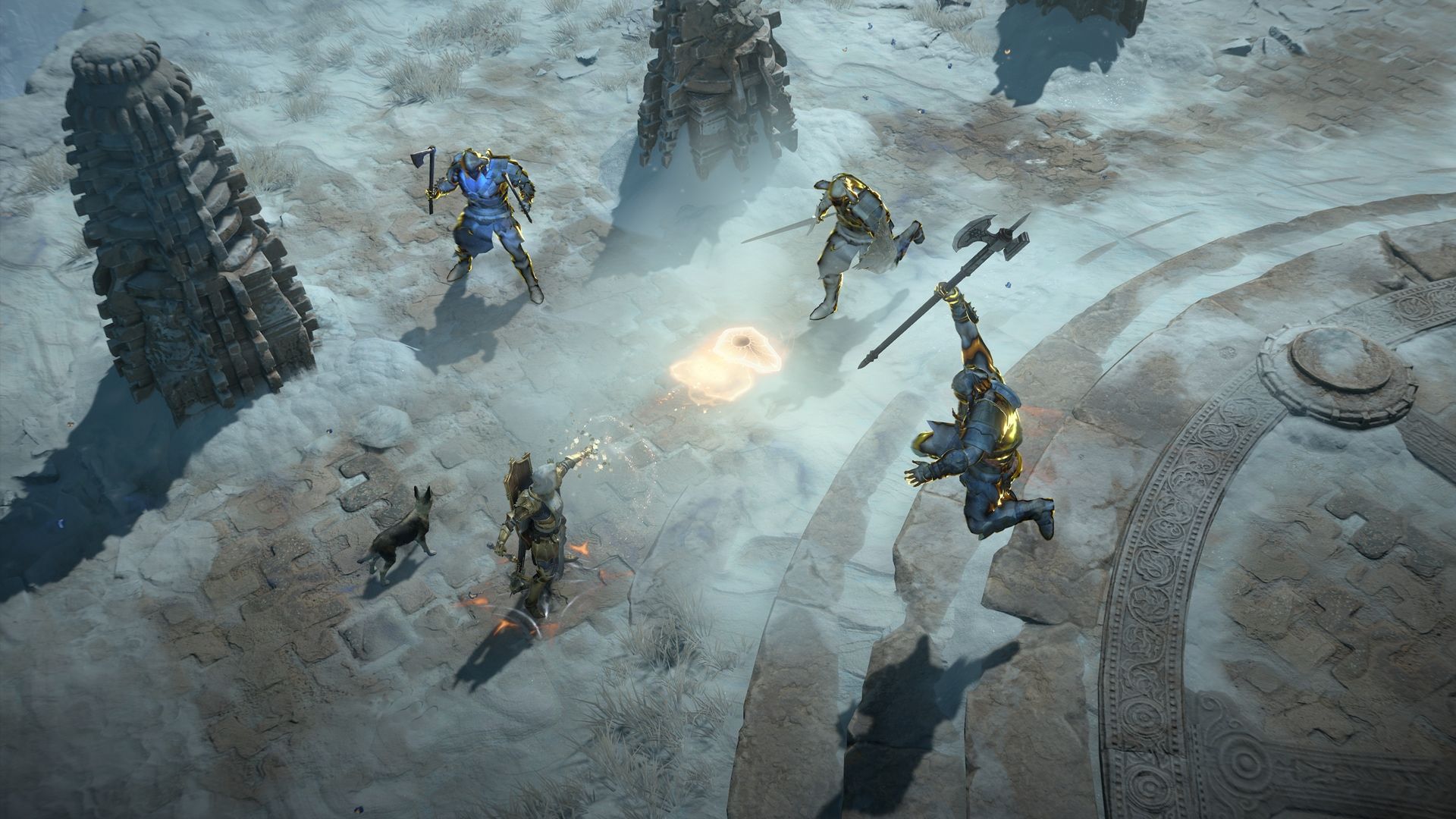 A Diablo IV character fights enemies in a snowy area