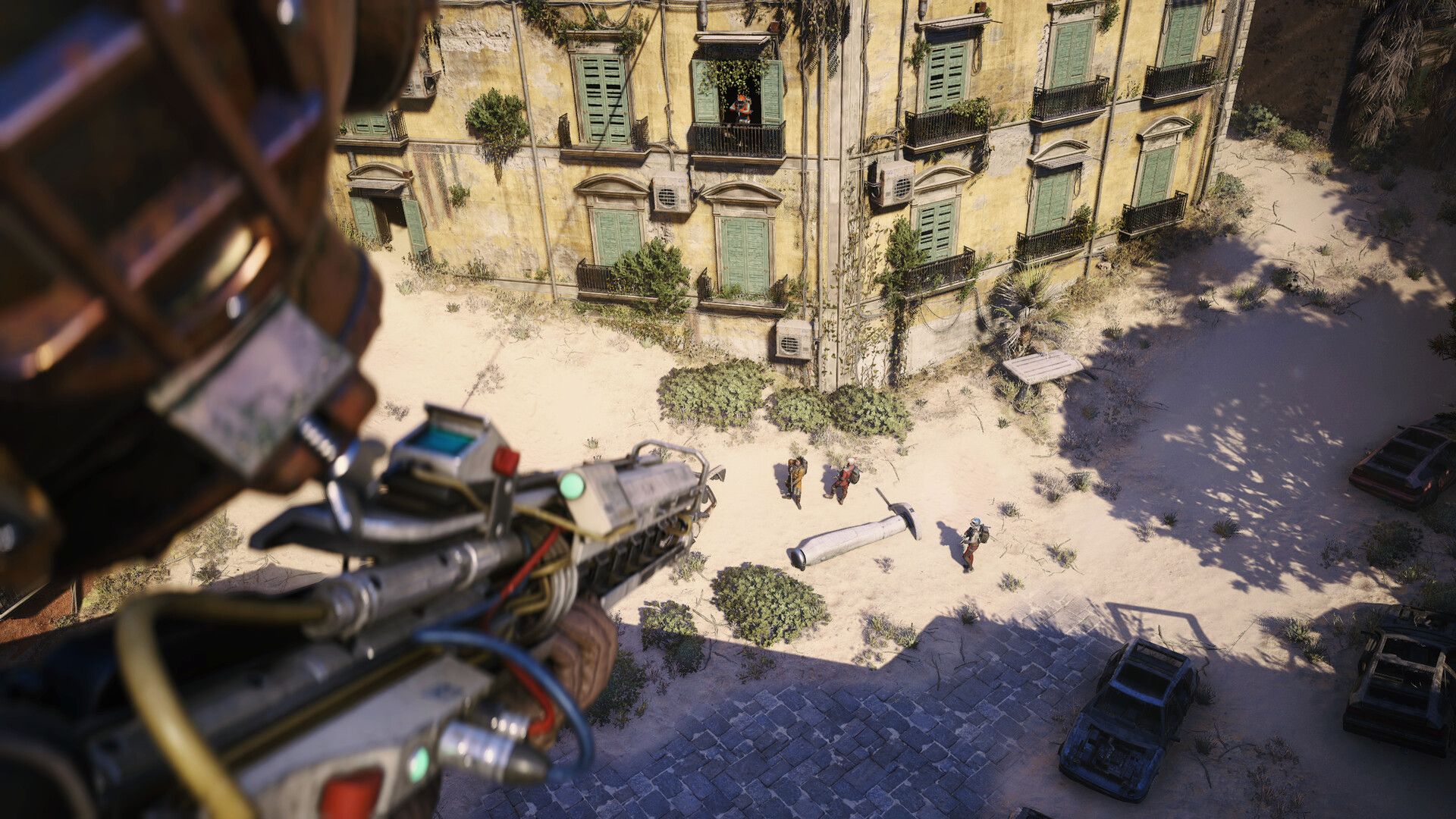 A Raider looks down over buildings during an aerial descent