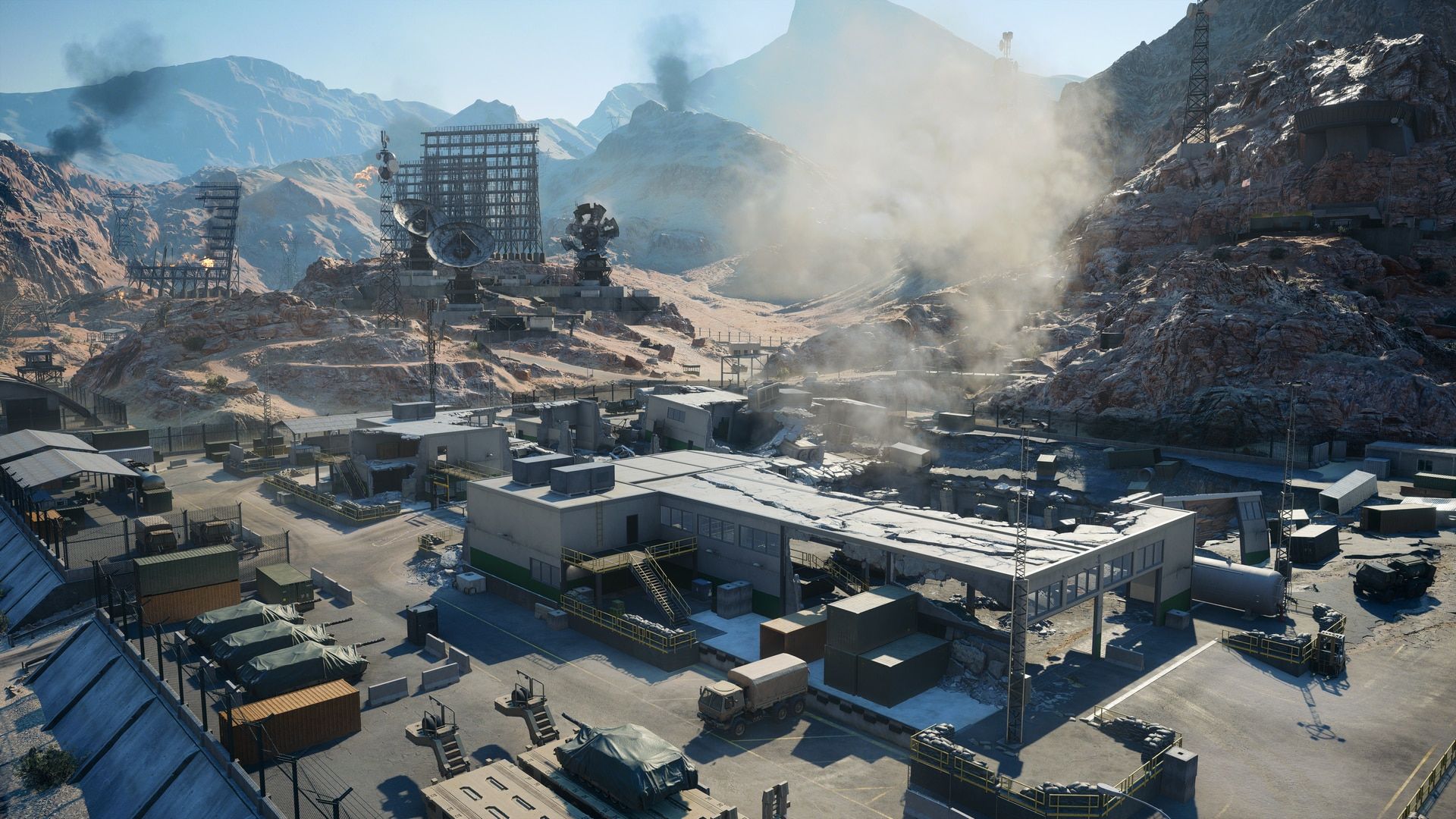 Area 51 desert base with radar installations and damaged buildings