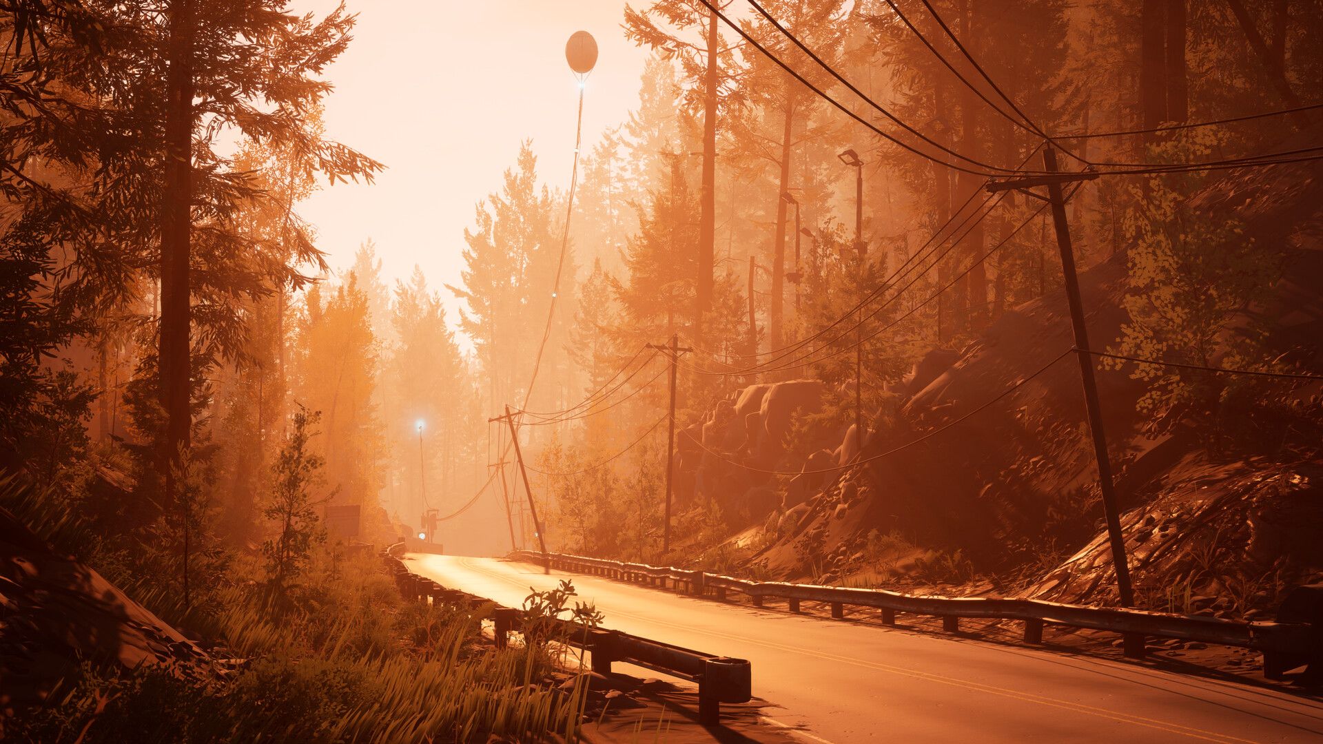 An orange atmospheric shift over a forest road