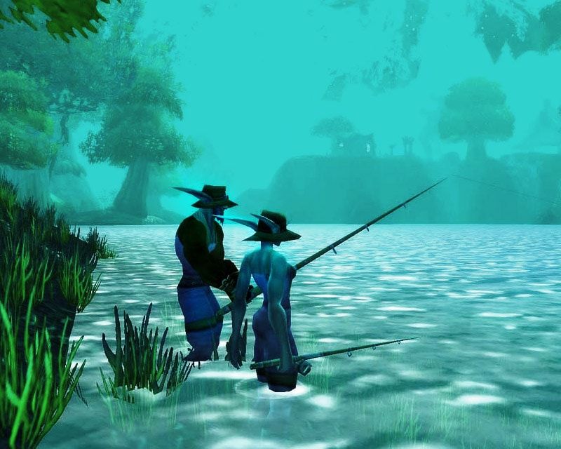 Two World of Warcraft anglers fishing together in a forest lake.