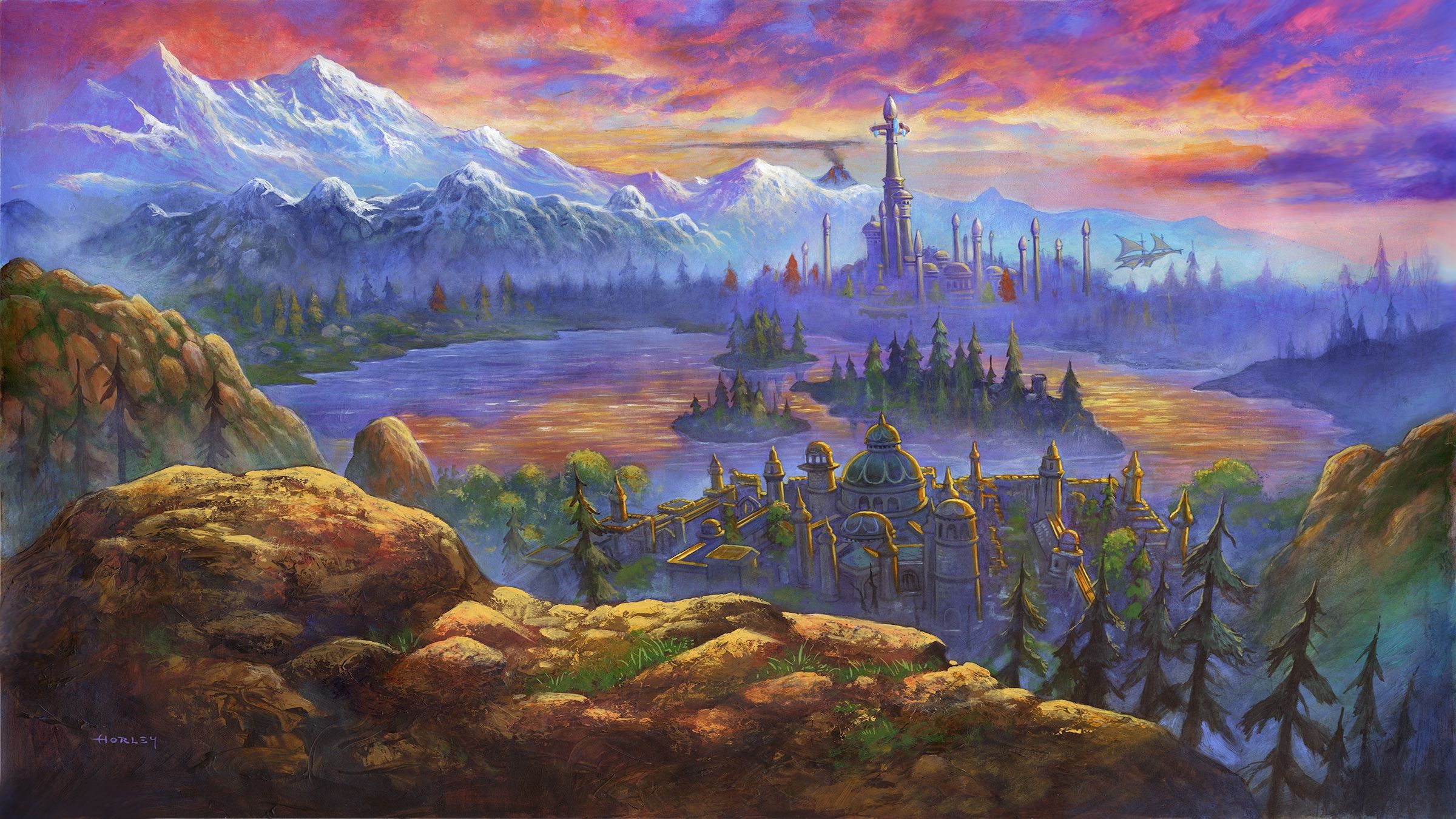 Official World of Warcraft: Forever artwork showing a city beside a lake and mountains.