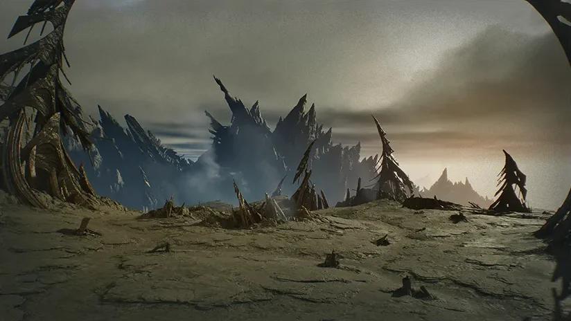 A rugged landscape with dark spires and sparse trees in official AION 2 artwork.