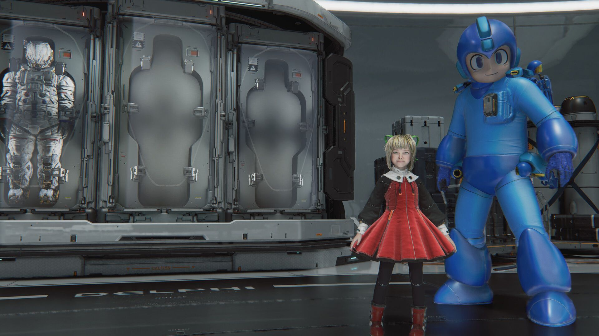 Hugh and Diana wearing Mega Man crossover outfits in PRAGMATA.