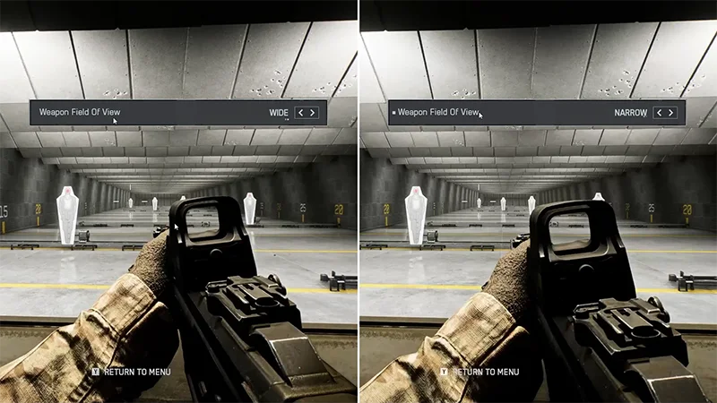 Official Battlefield 6 comparison of wide and narrow weapon field of view in the Firing Range.