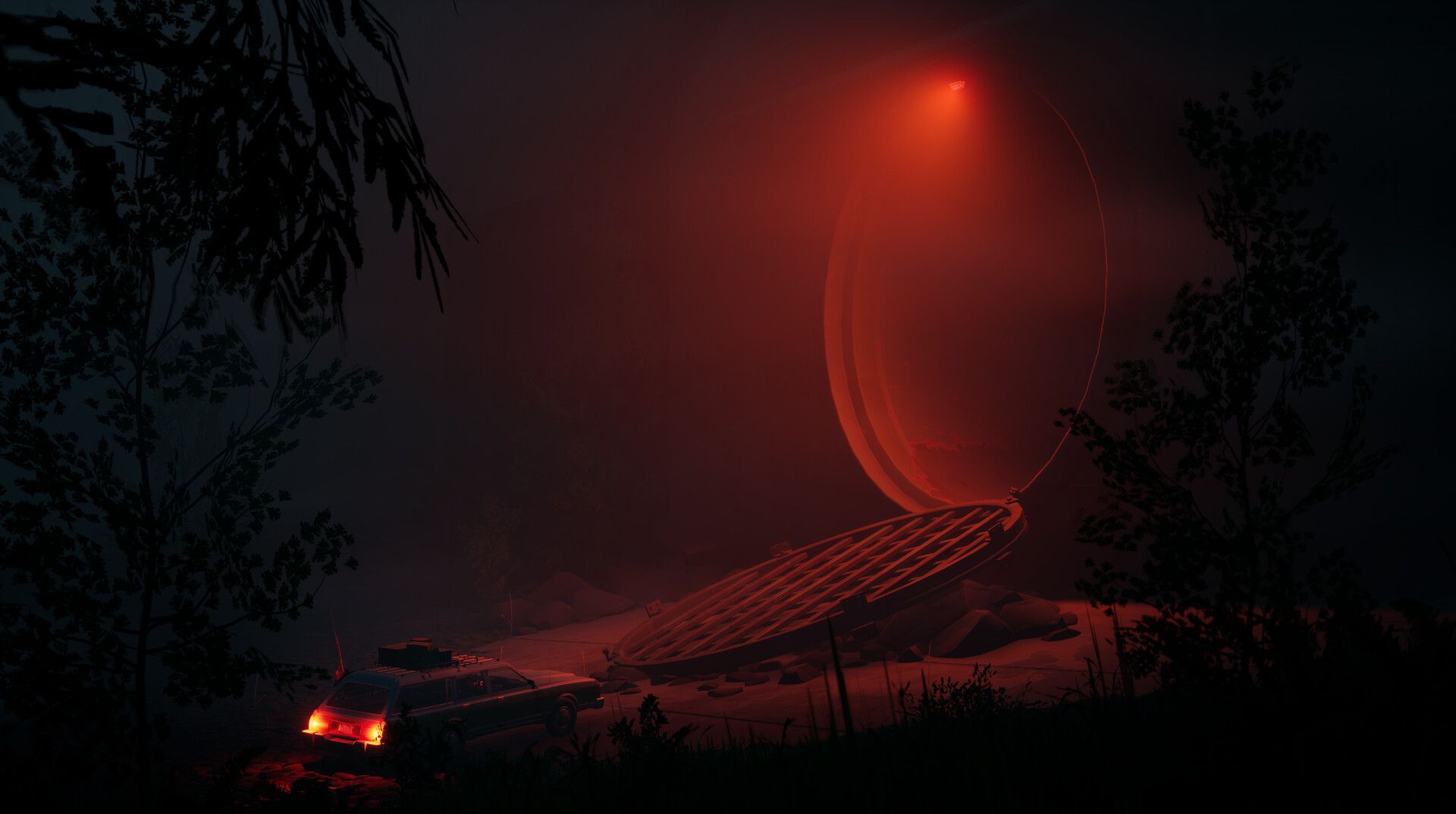 The station wagon approaching a red gateway in the forest