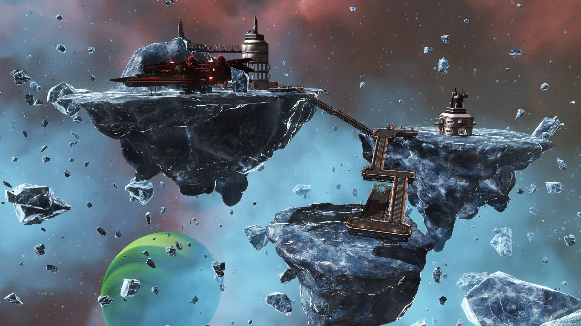 A large spacecraft approaching a structure in No Man's Sky